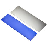 Blue putty knife with white handle on a white background