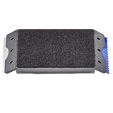 Rectangular scrubber with black sponge and metal frame on a white background